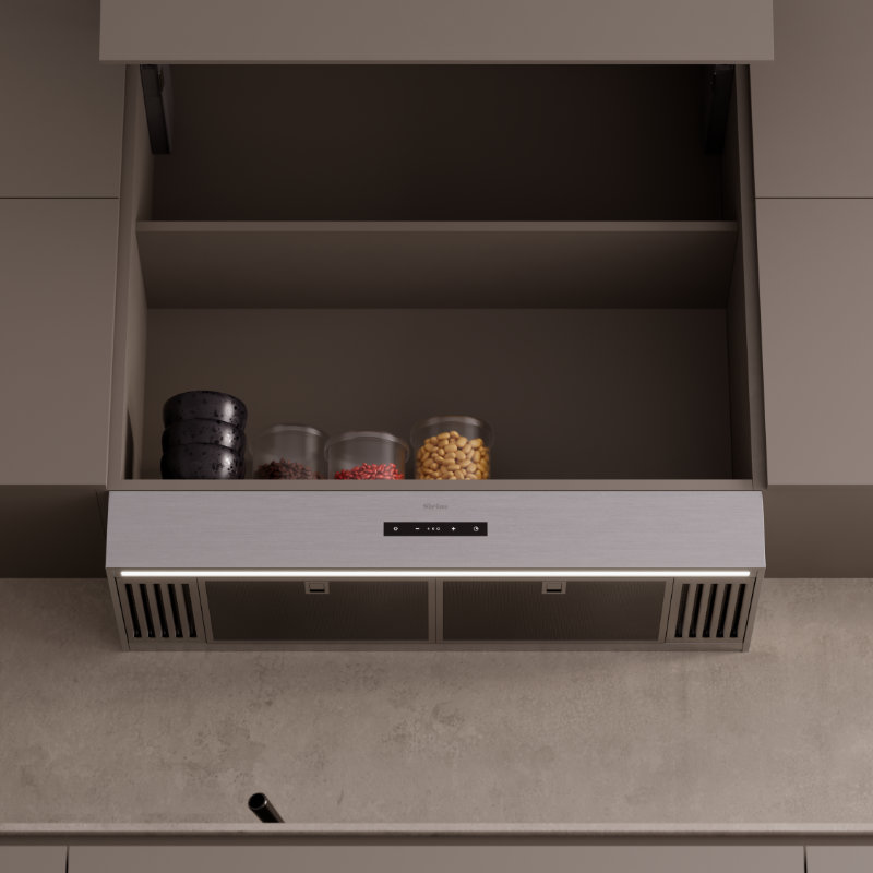 SL932 Theatre stainless steel version, showing how the hood installation does not take up space in the wall cabinet.